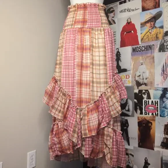Pink Bohemian Whimsy Plaid Maxi Skirt - Picture 1 of 6